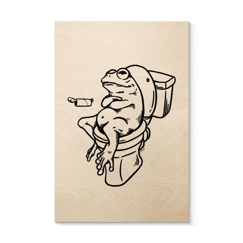 Stampa su legno Aspettando alla toilette - Illustrazione umoristica di una rana - Royle