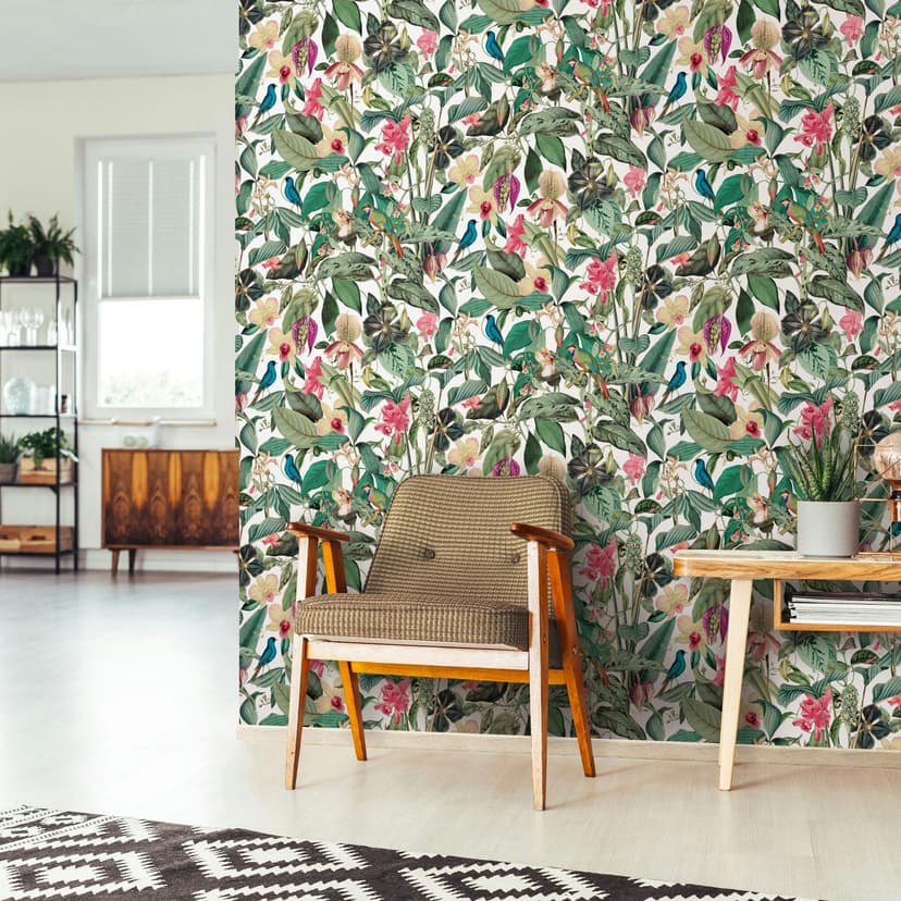 Carta da parati in tessuto non tessuto di colore bianco, foglie verdi, fiori e natura floreale