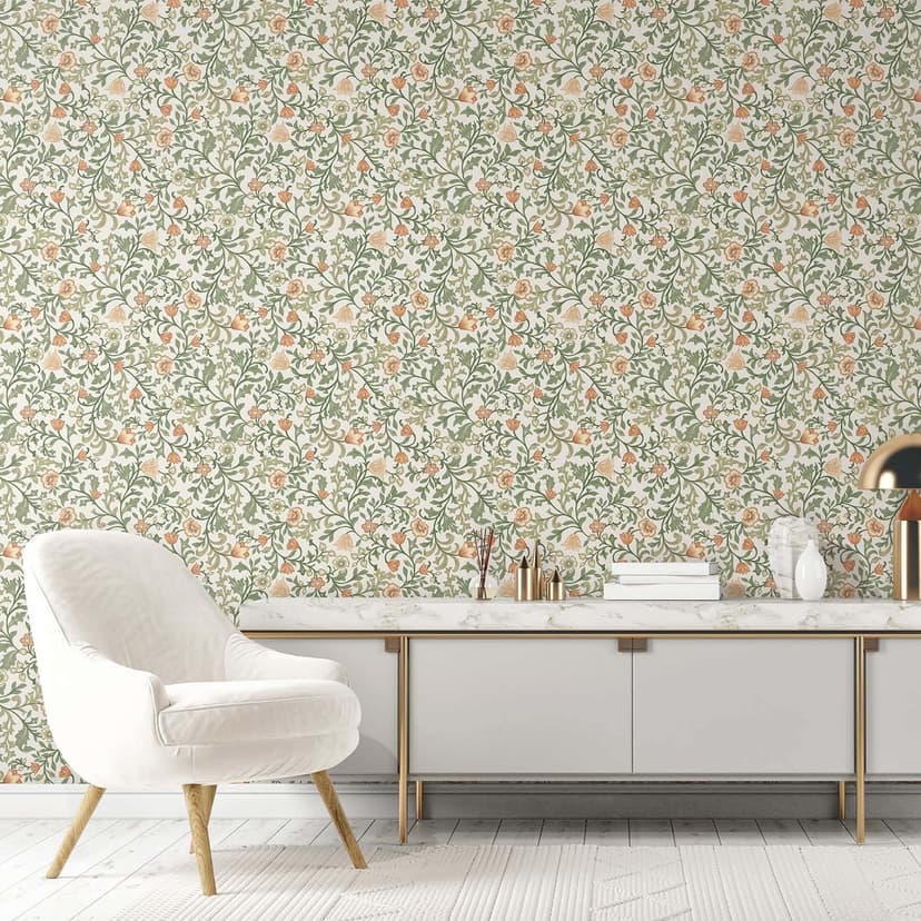 Carta da parati in tessuto non tessuto fiori, motivo a foglie di natura floreale in bianco
