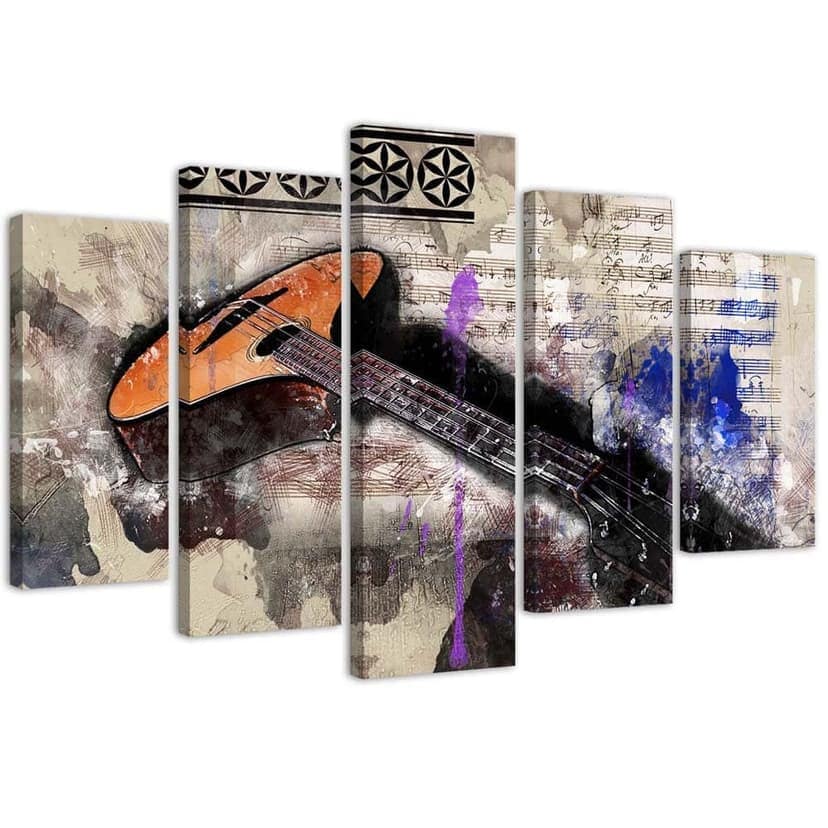 Stampa su tela 5 pezzi, chitarra astratta colorata