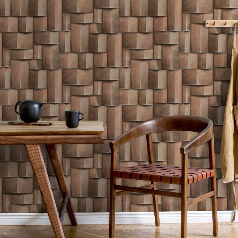 carta da parati in tessuto non tessuto con motivi di legno geometrici marrone aspetto 3D