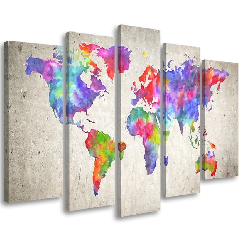 Stampa su tela 5 pezzi, mappa del mondo colorata