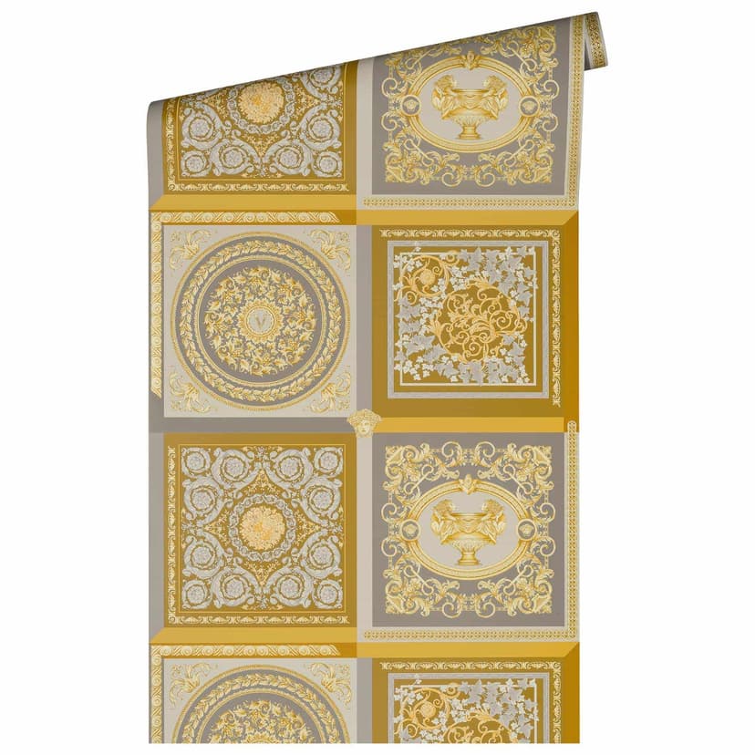 Carta da parati Versace in oro e argento in tessuto non tessuto con design barocco con viticci
