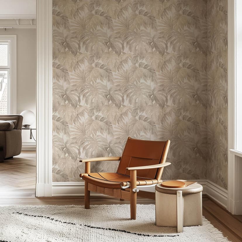 Carta da parati in tessuto non tessuto foglie beige greige sottile botanica moderna per spazi abitativi eleganti