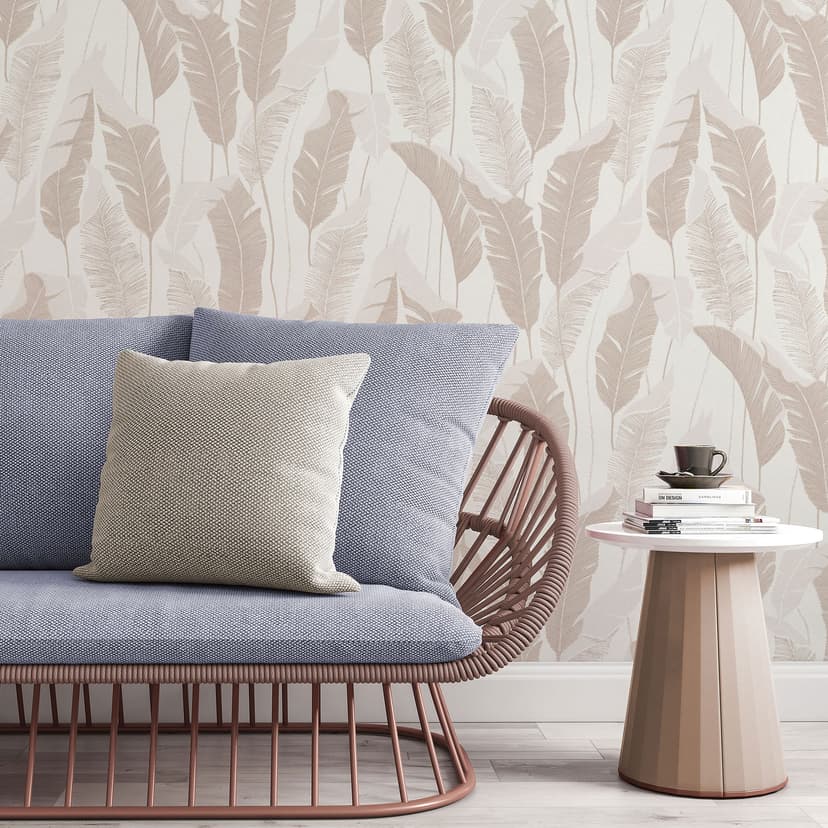Carta da parati in tessuto non tessuto senza PVC con motivo a foglie in beige