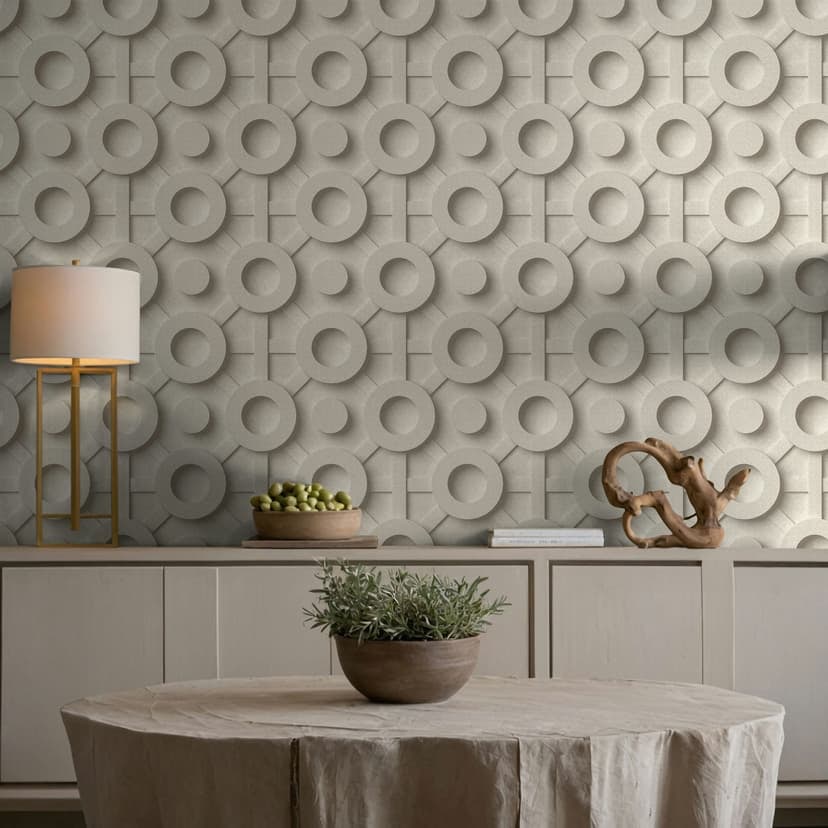 Carta da parati in tessuto non tessuto grafica 3D dall'aspetto moderno, cerchi opachi in beige