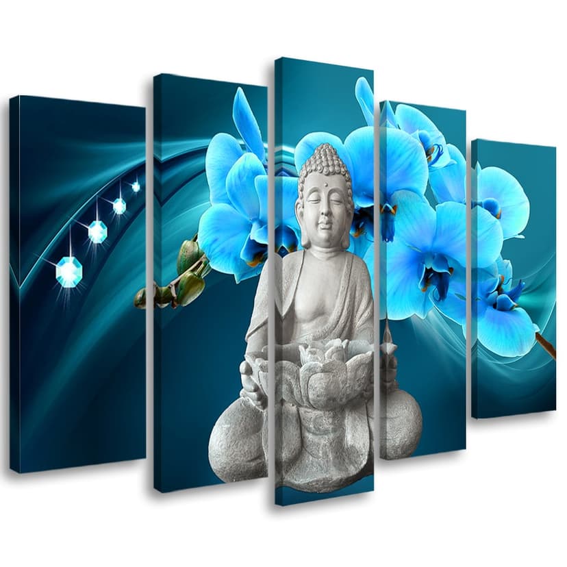 Stampa su tela 5 pezzi, Buddha Zen Orchid Turchese