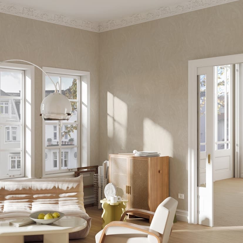 Carta da parati con motivo a foglie Elysium beige