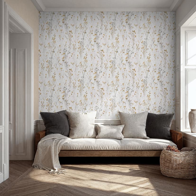 Carta da parati da parati in tessuto non tessuto con delicati fiori di prato in giallo e bianco come carta da parati natura floreale