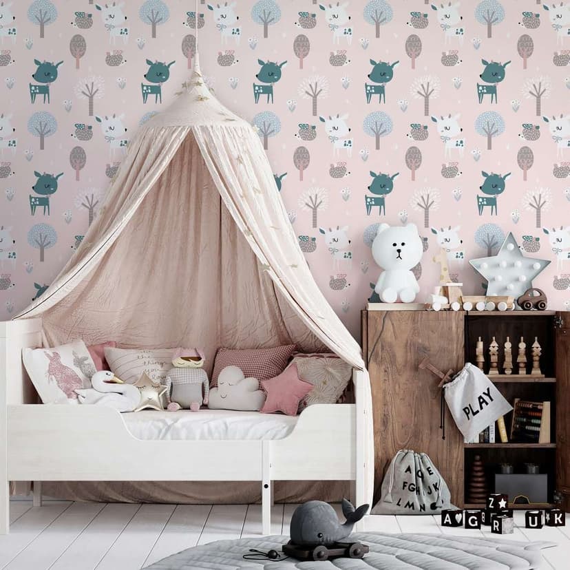 Carta da parati per bambini, carta da parati in tessuto non tessuto con illustrazione Muri per bambini rosa, bianco