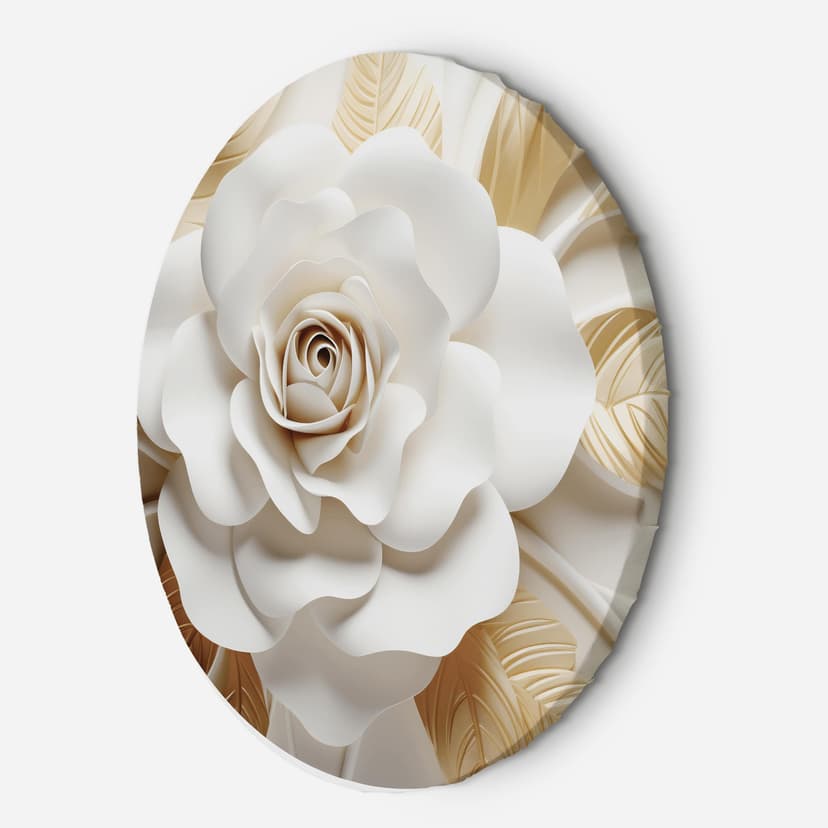 Tela rotonda Murale AI Bianco Oro Fiore 3D