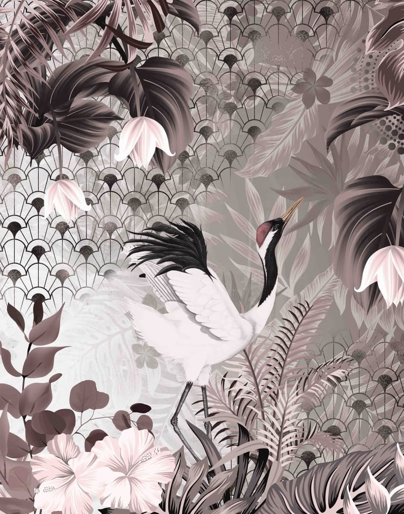 Fotomurale Gru con motivi art déco e fiori in grigio nero 2,7 x 2,12 m