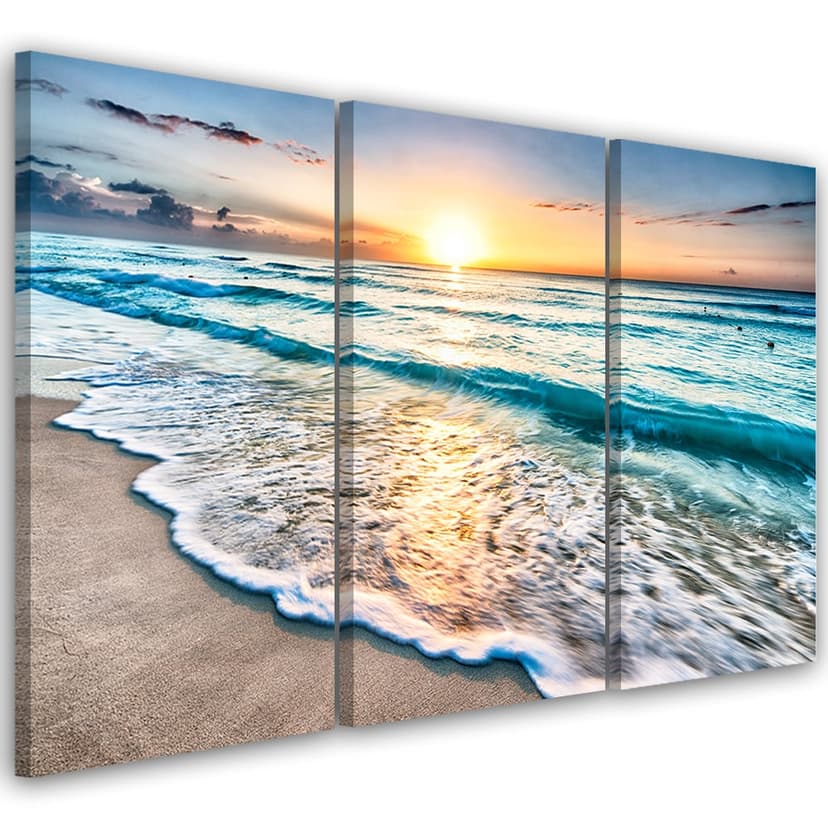 Stampa su tela 3 pezzi, tramonto sulla spiaggia del mare