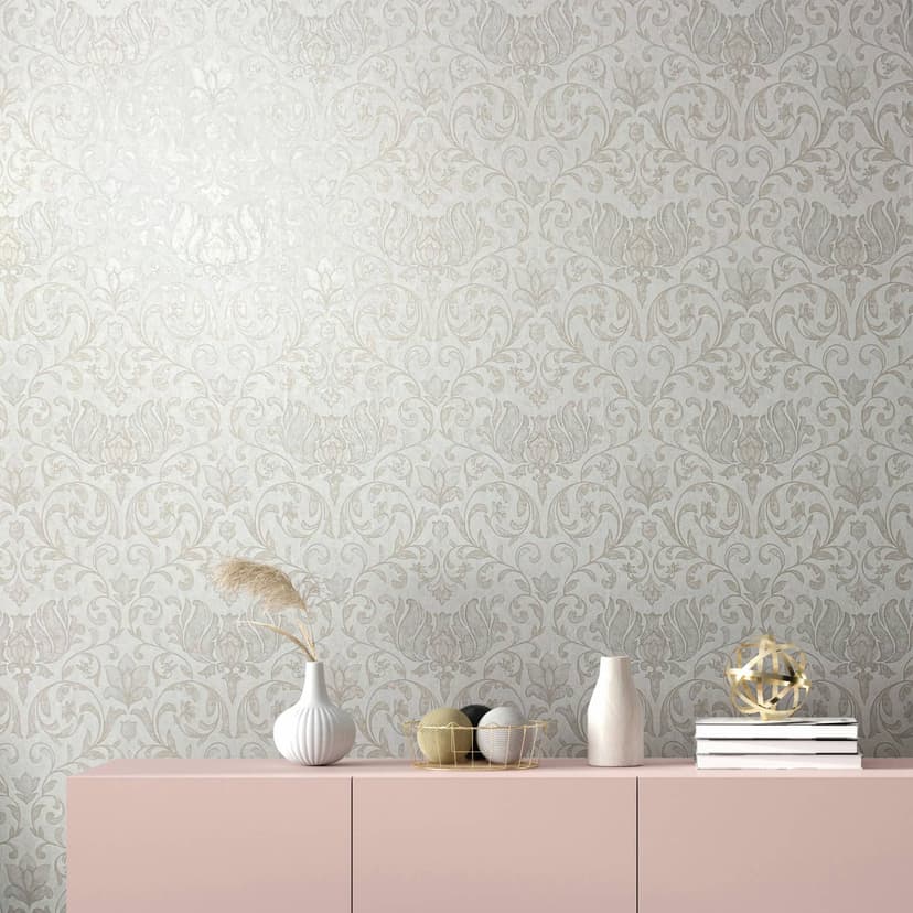 Carta da parati in tessuto non tessuto con fiori, foglie e motivi floreali ornamentali in bianco lucido