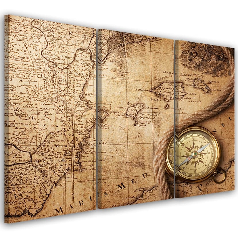Stampa su tela 3 pezzi Mappa del mondo retrò marrone