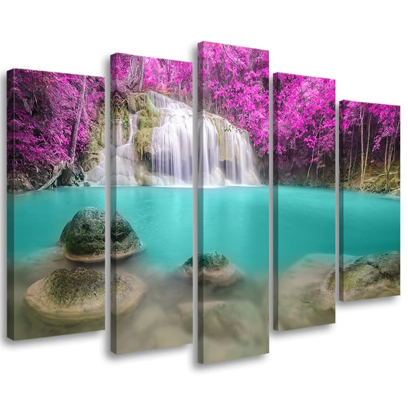 Stampa su tela 5 pezzi Paesaggio lacustre con cascata