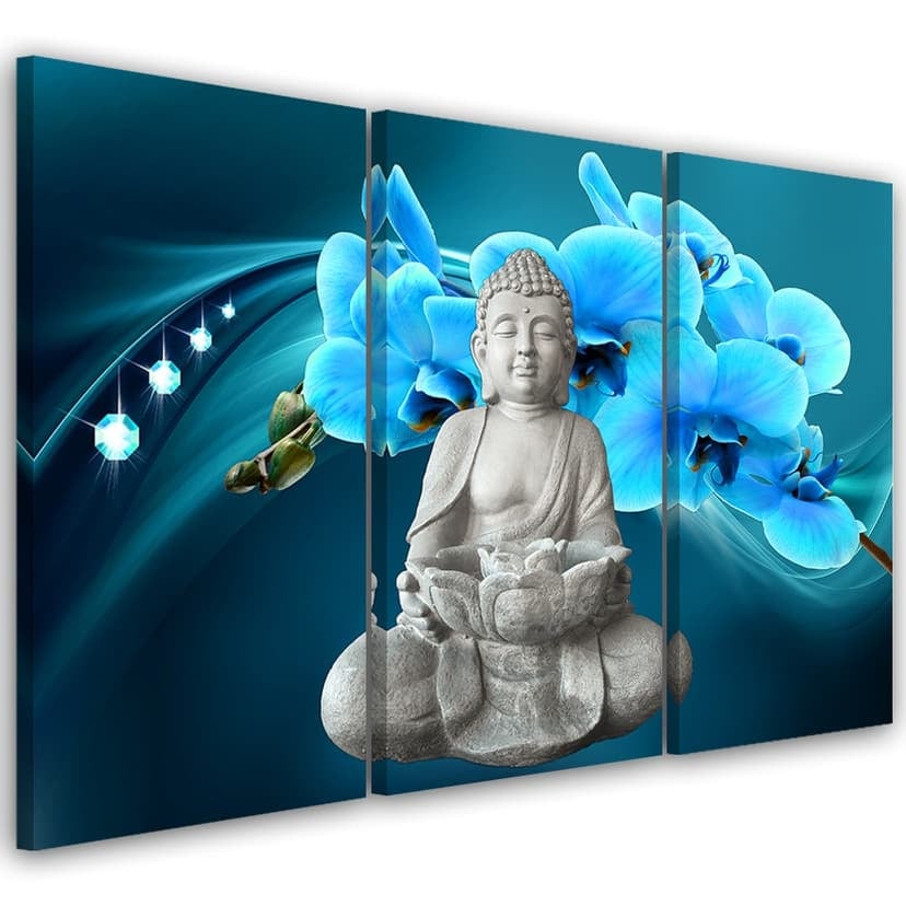 Stampa su tela 3 pezzi, Buddha Zen Orchid Turchese