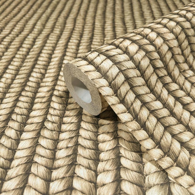 Carta da parati in tessuto non tessuto con motivo a trecce di sughero beige, aspetto tessile marrone