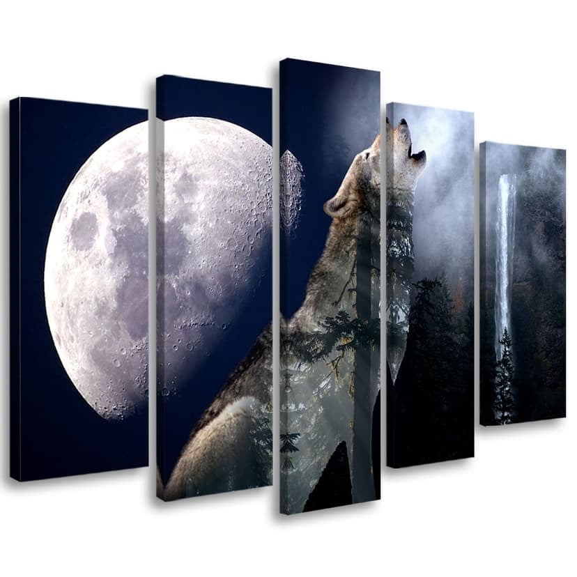 Stampa su tela 5 pezzi, lupo natura luna nebbia