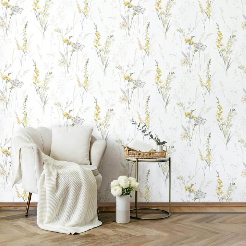 Carta da parati in tessuto non tessuto fiori, foglie, natura floreale opaca in bianco giallo