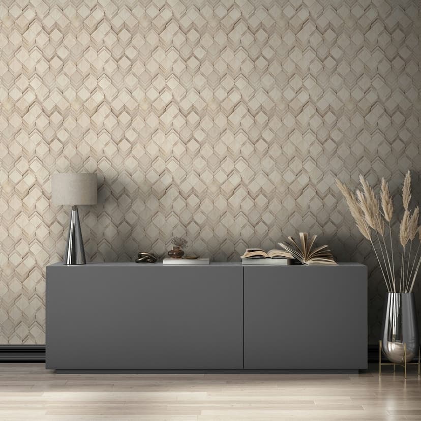 Carta da parati in tessuto non tessuto di colore beige e grigio con illusione a rombi e aspetto 3D moderno
