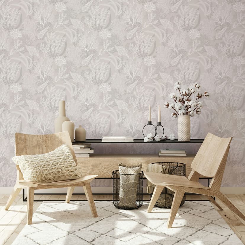 Carta da parati in tessuto non tessuto in bianco, beige, conchiglie e natura grafica subacquea