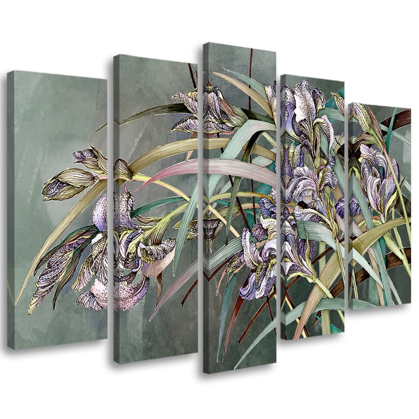 Stampa su tela 5 pezzi, fiori di iris nel vento