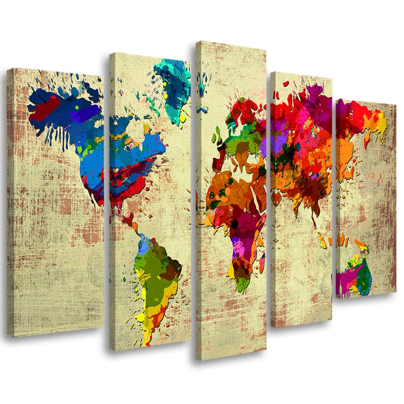 Stampa su tela 5 pezzi Mappa del mondo colorata