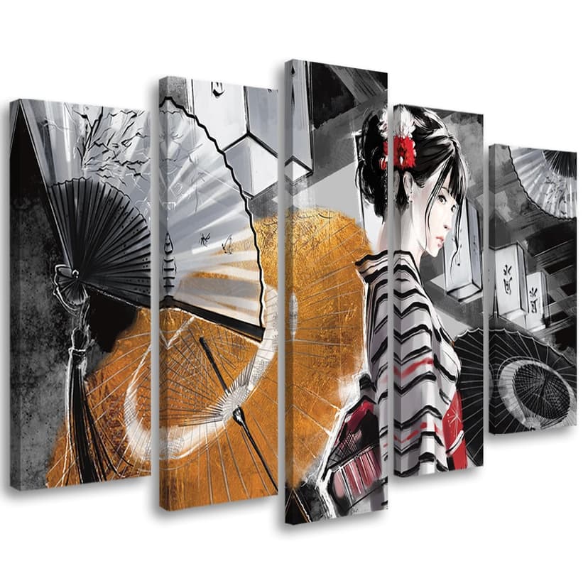 Stampa su tela 5 pezzi, geisha con ventaglio