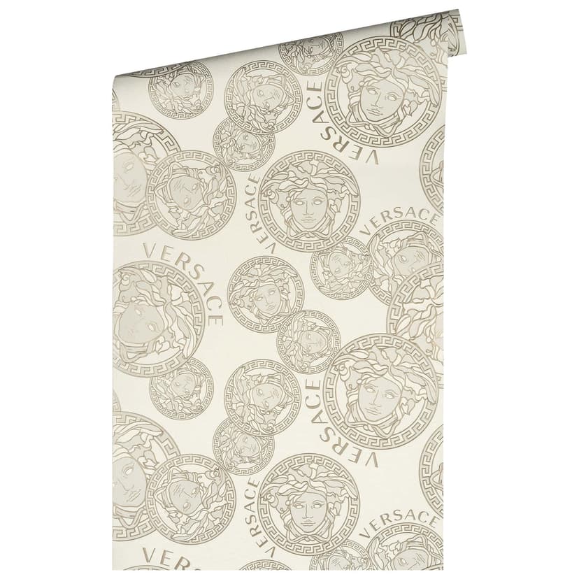 Carta da parati di lusso Versace in tessuto non tessuto color crema e beige con disegno della testa di medusa