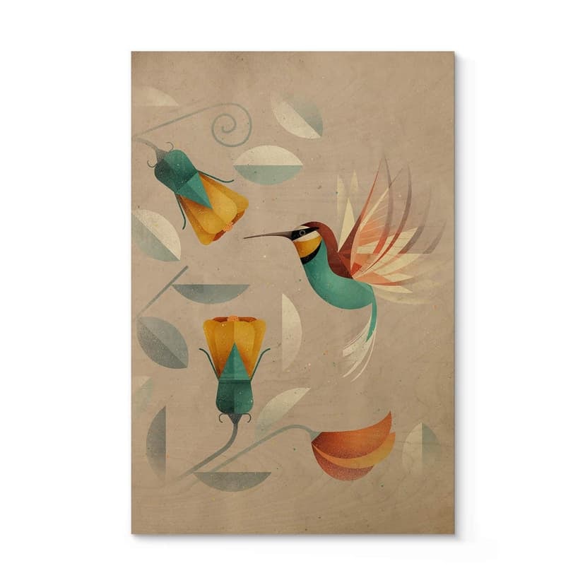 Stampa su legno con motivo di uccelli - Colibrì - Marrone