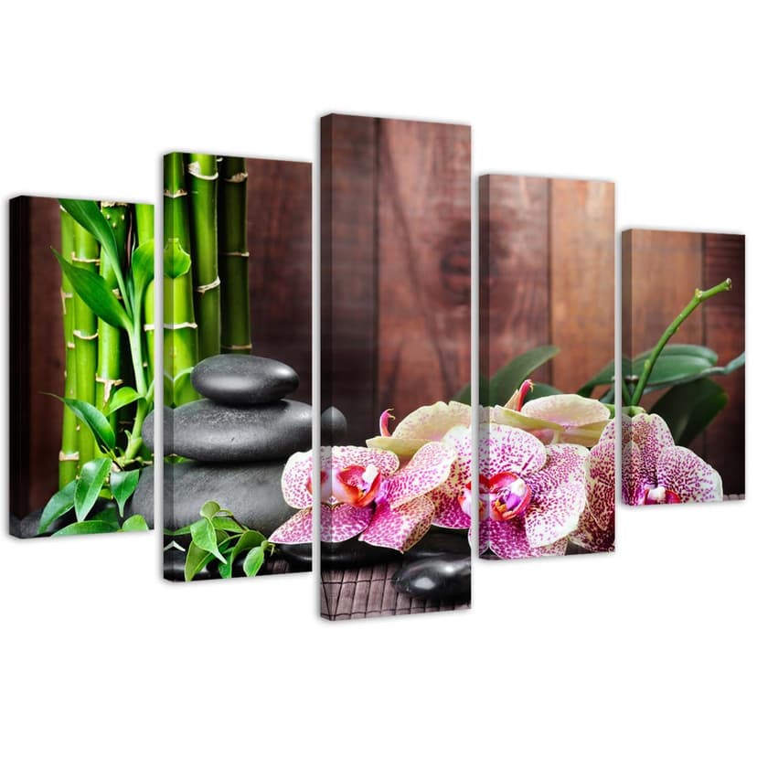 Stampa su tela 5 pezzi, orchidea-pietre-bambù