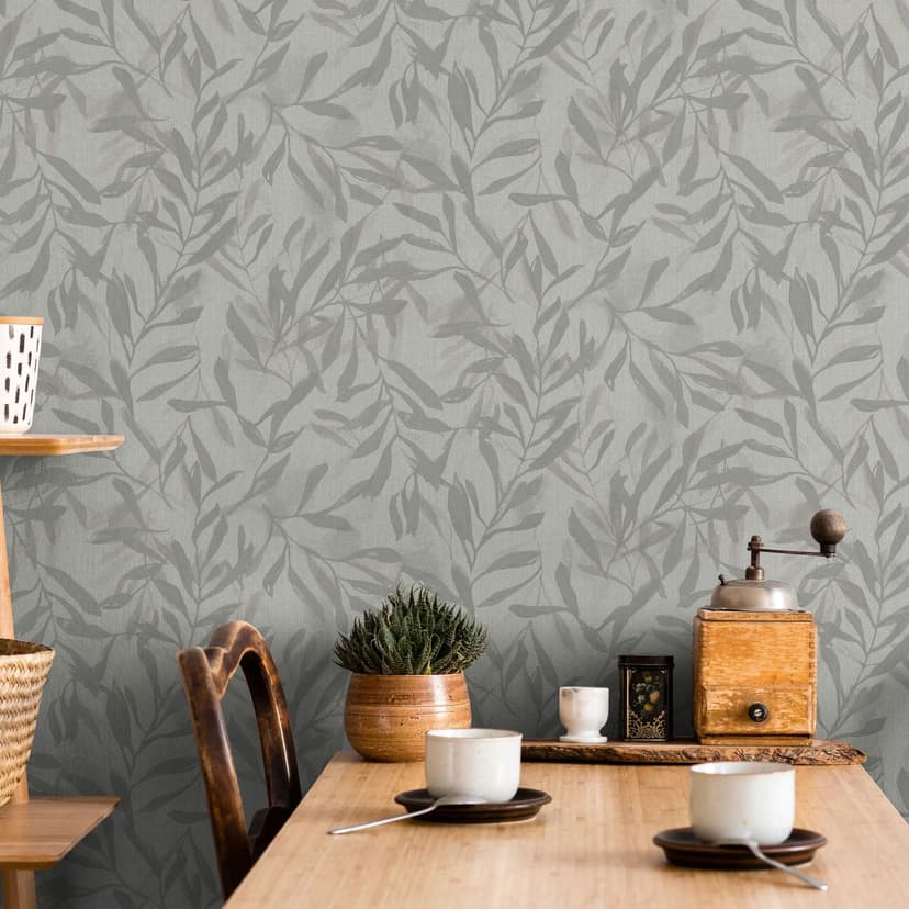 Carta da parati in tessuto non tessuto in beige grigio foglie look vintage natura floreale