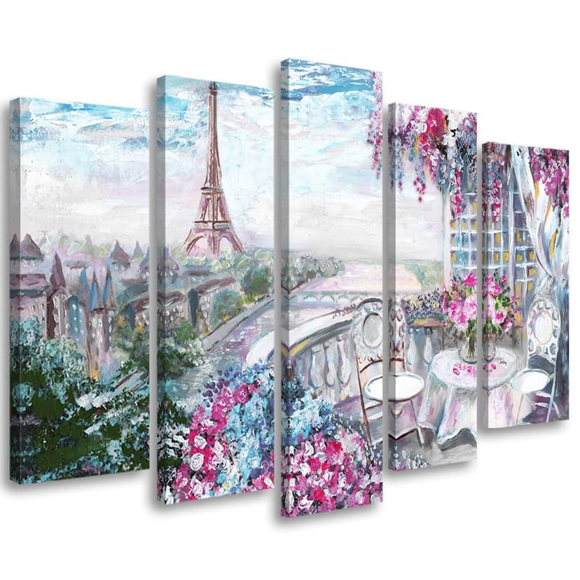 Stampa su tela 5 pezzi, Torre Eiffel di Parigi - Paesaggio - Pastello