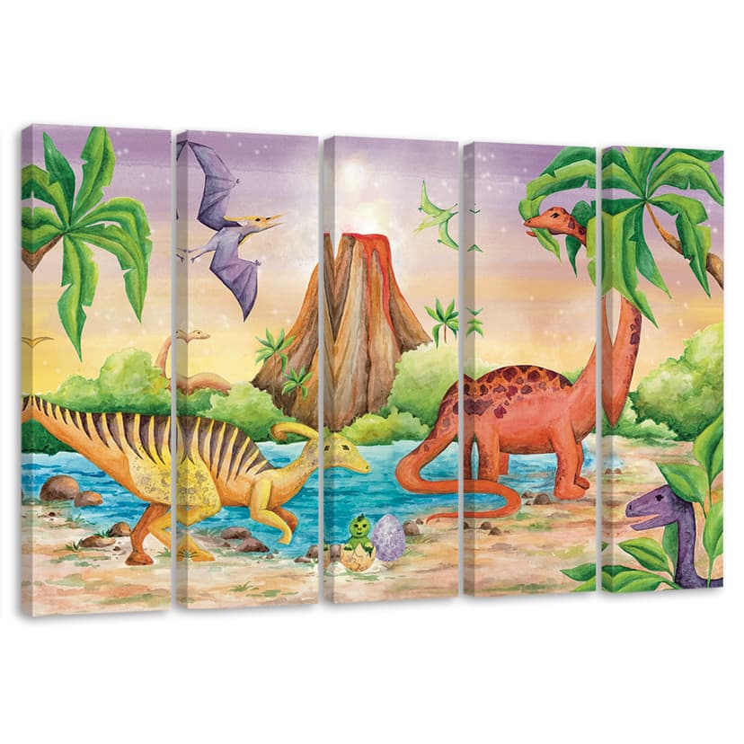 Stampa su tela in 5 parti, Dinosauri al lago