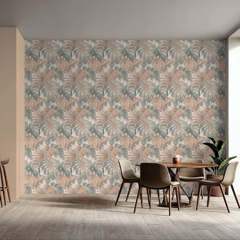 Carta da parati in tessuto non tessuto a foglie in beige blu greige tropicale moderno con aspetto monstera