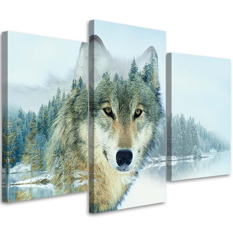 Stampa su tela 3 pezzi, Wolf Forest Mountains Nature