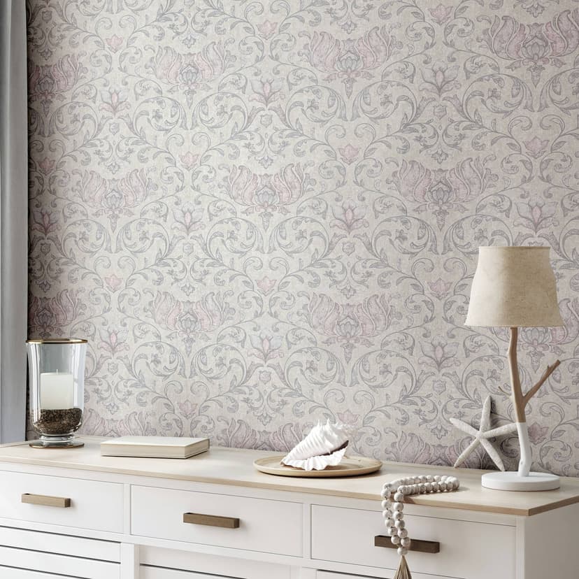 Carta da parati in tessuto non tessuto con fiori, foglie ornamentali grigio lucido motivi floreali
