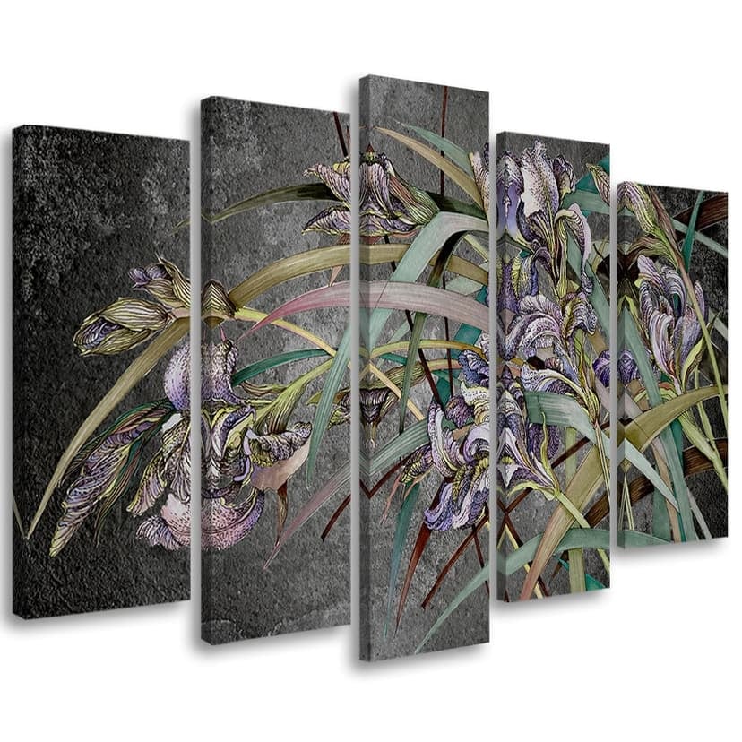 Stampa su tela 5 pezzi, fiori di iris nel vento
