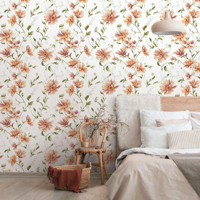 Carta da parati in tessuto non tessuto fiori, foglie, natura floreale opaca in bianco arancio