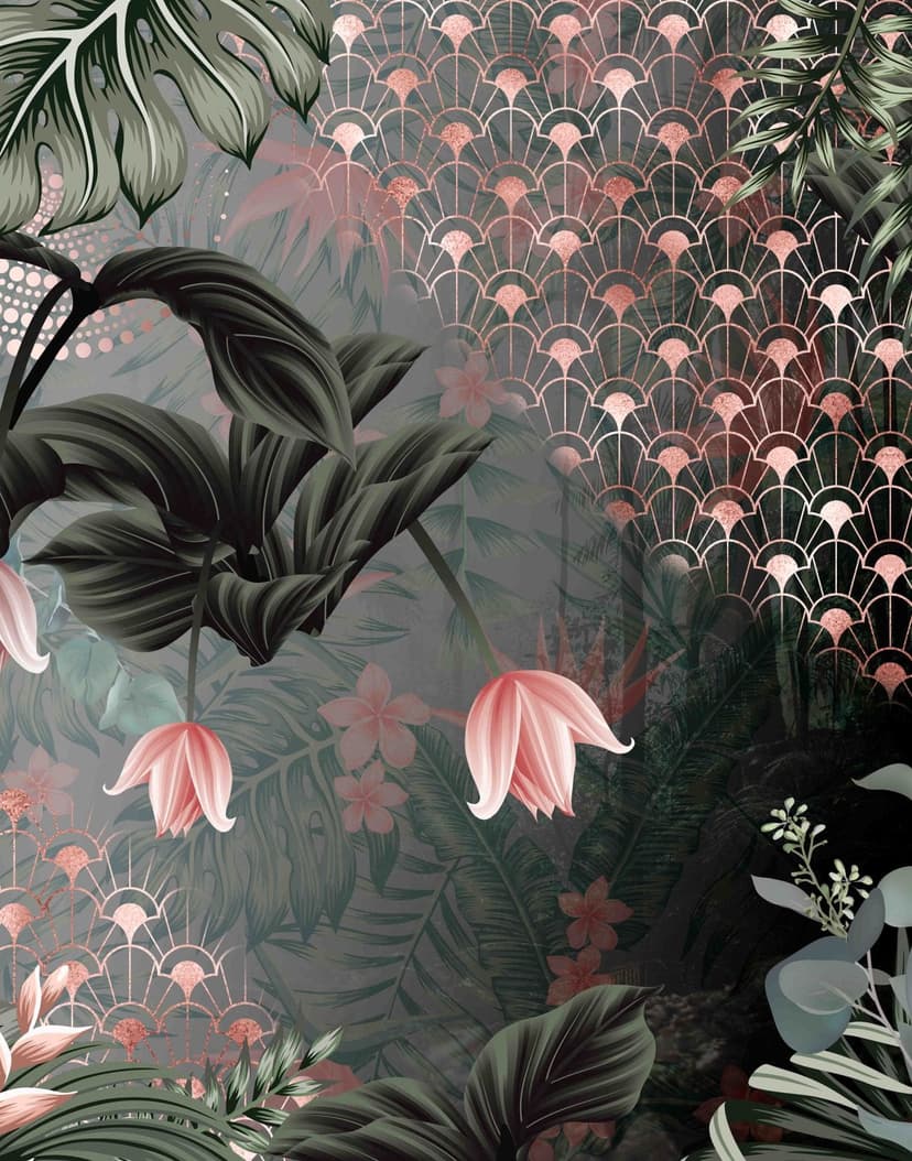 Fotomurale con motivo gru con ventaglio art déco e fiori 2,7 x 2,12 m