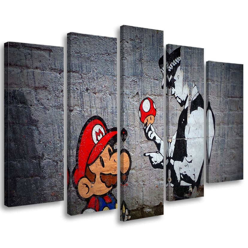 Stampa su tela 5 pezzi, Banksy Mario Graffiti