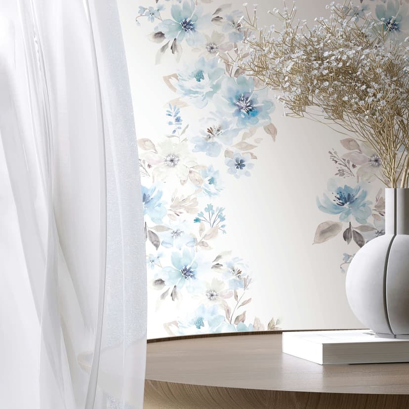 Carta da parati in tessuto non tessuto fiori natura floreale, romantica opaca in bianco blu