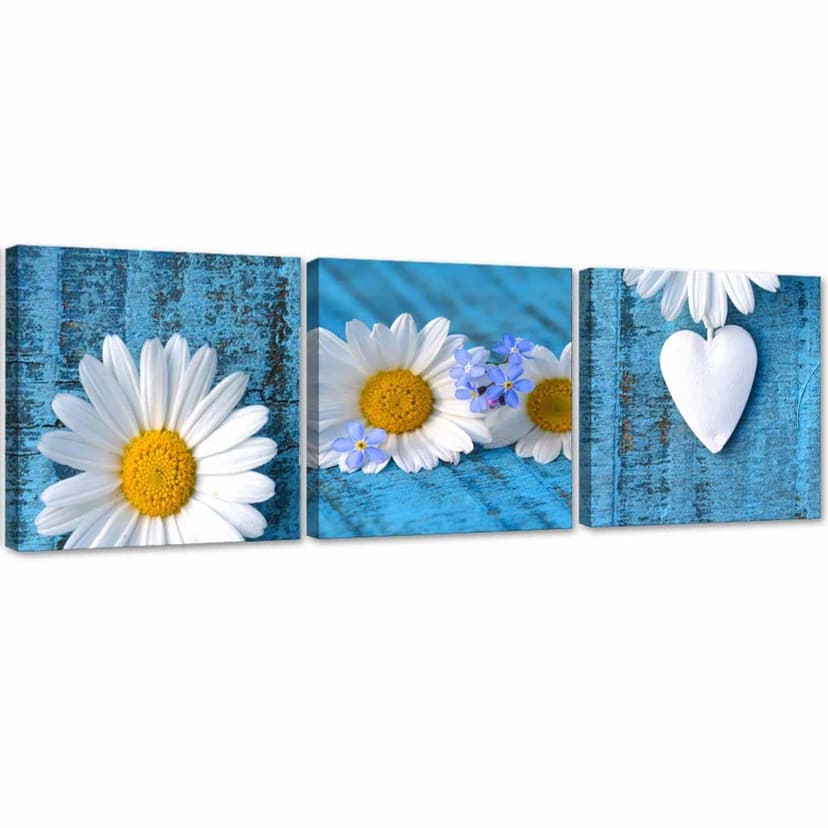 Stampa su tela 3 pezzi, margherite e cuore blu