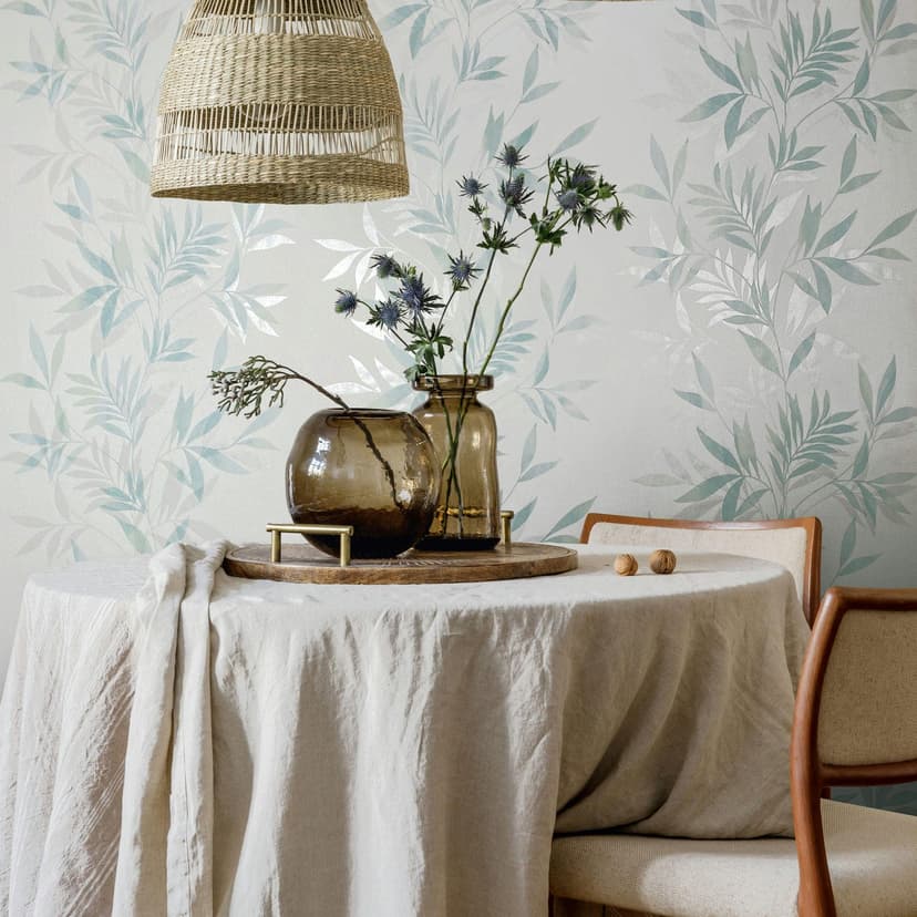Carta da parati in tessuto non tessuto di colore bianco, con motivo a foglia verde e aspetto floreale