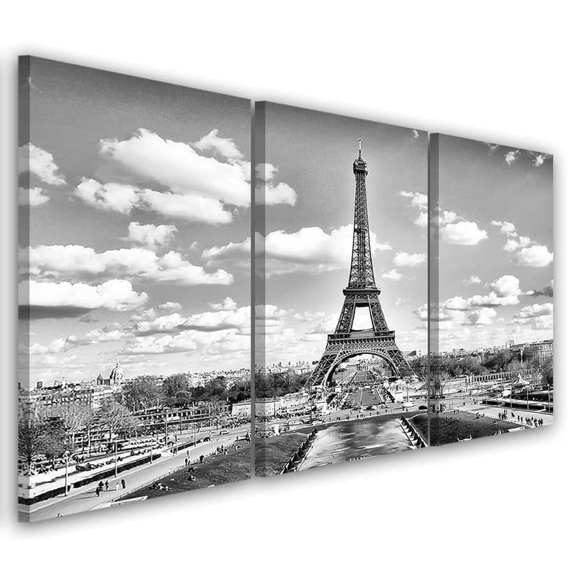 Stampa su tela 3 pezzi Torre Eiffel in bianco e nero