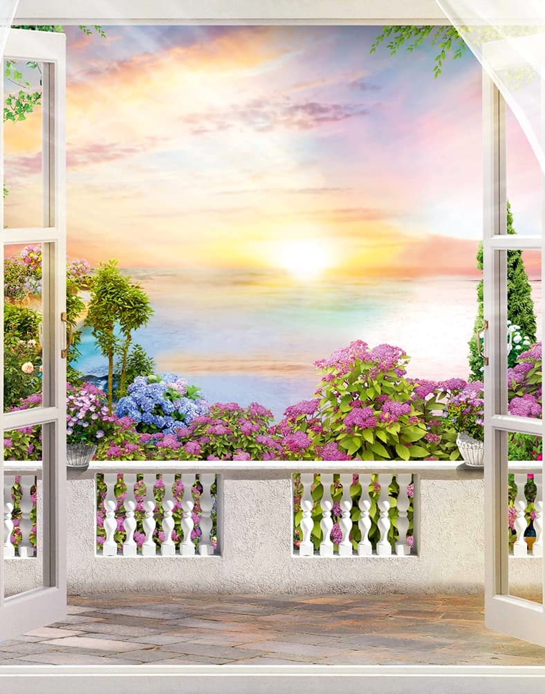 Fotomurale tramonto, balcone, natura grafica opaca in grigio 2,70 x 2,12 m