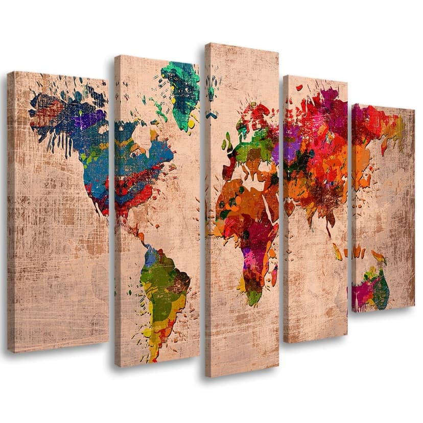 Stampa su tela 5 pezzi Mappa del mondo colorata