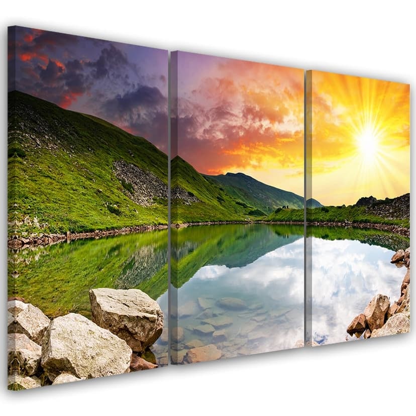 Stampa su tela 3 pezzi, paesaggio al tramonto sul lago