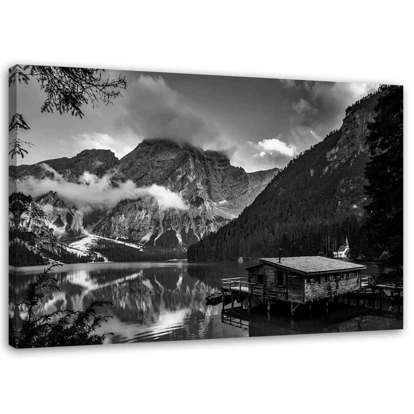 Stampe su tela, Capanna presso un lago di montagna - bianco e nero
